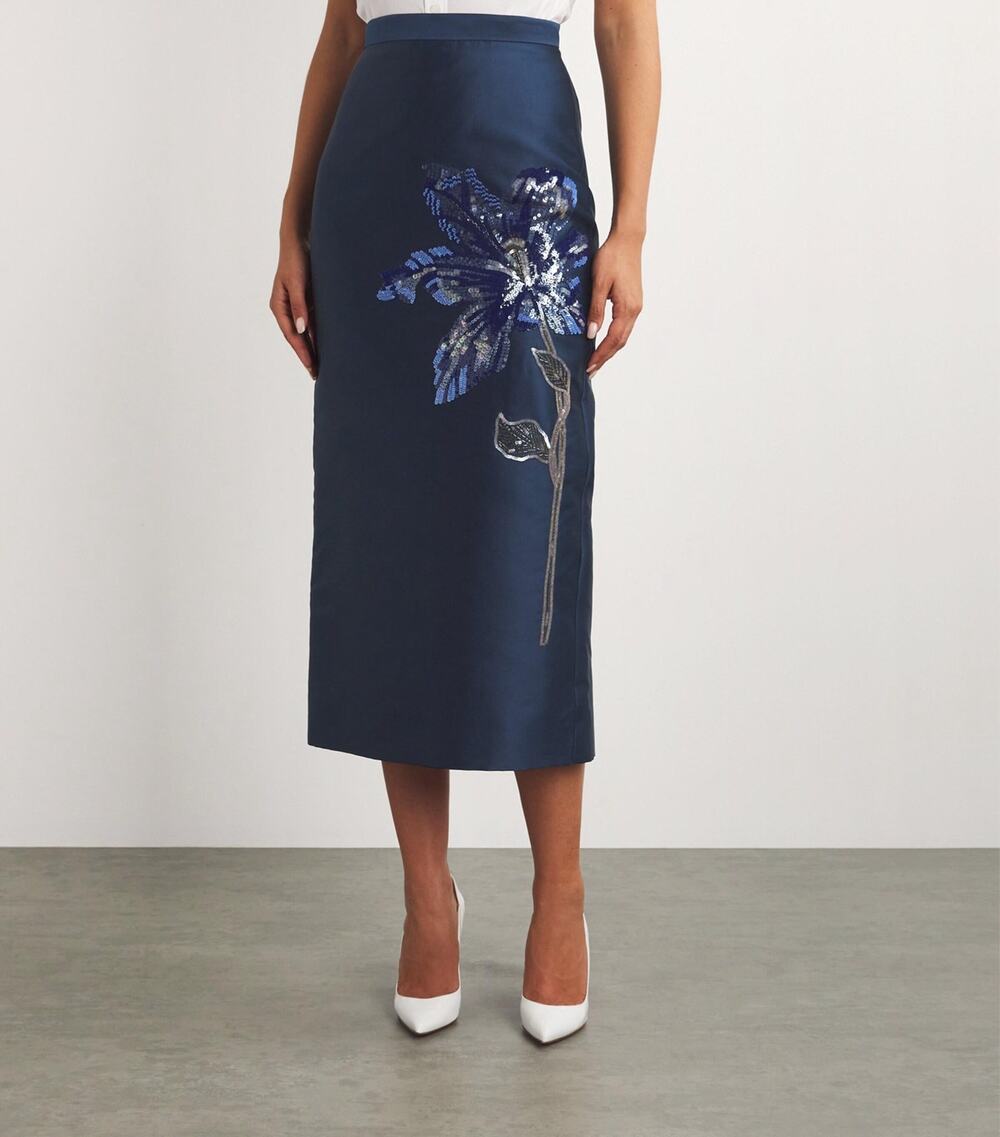Erdem NWT PF24 Embroidered Sequin Satin Midi Pencil Skirt Navy UK 8